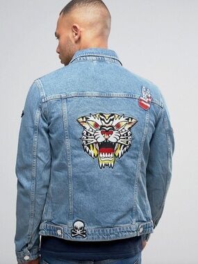 Jack & Jones Mens Patched Denim Trucker Jacket Blue US Size L